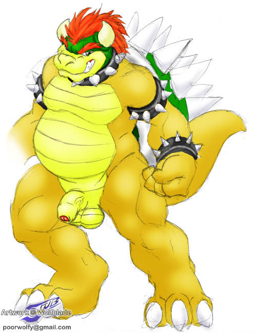 biceps big_muscles bowser chubby claws collar flaccid horn koopa looking_at_viewer male mario_bros muscles nintendo nude overweight penis scalie shell solo spikes uncut video_games wolfblade