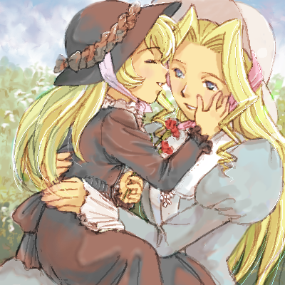 blonde_hair cosette family fantine hand_on_another's_cheek hand_on_another's_face hat les_miserables lowres mother_and_daughter multiple_girls sakai_yume
