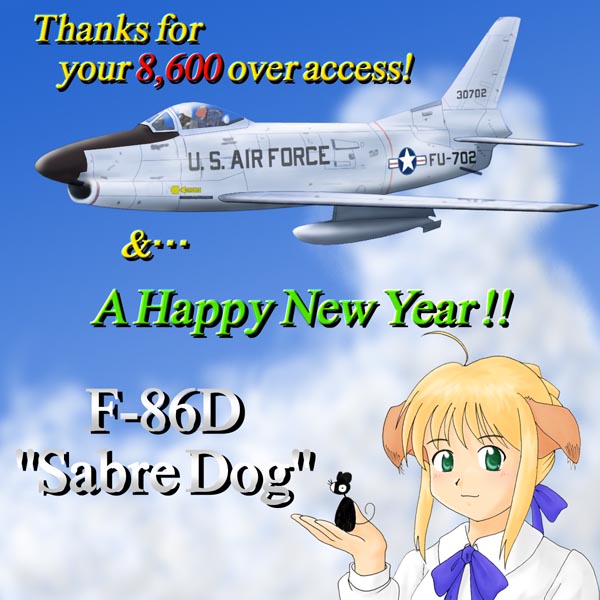 aircraft airplane animal_ears blonde_hair cloud day dog_ears engrish f-86_sabre f-86d_sabre fate/stay_night fate_(series) flying green_eyes hits jet mouse new_year ranguage sky tin_tin_banchou upper_body