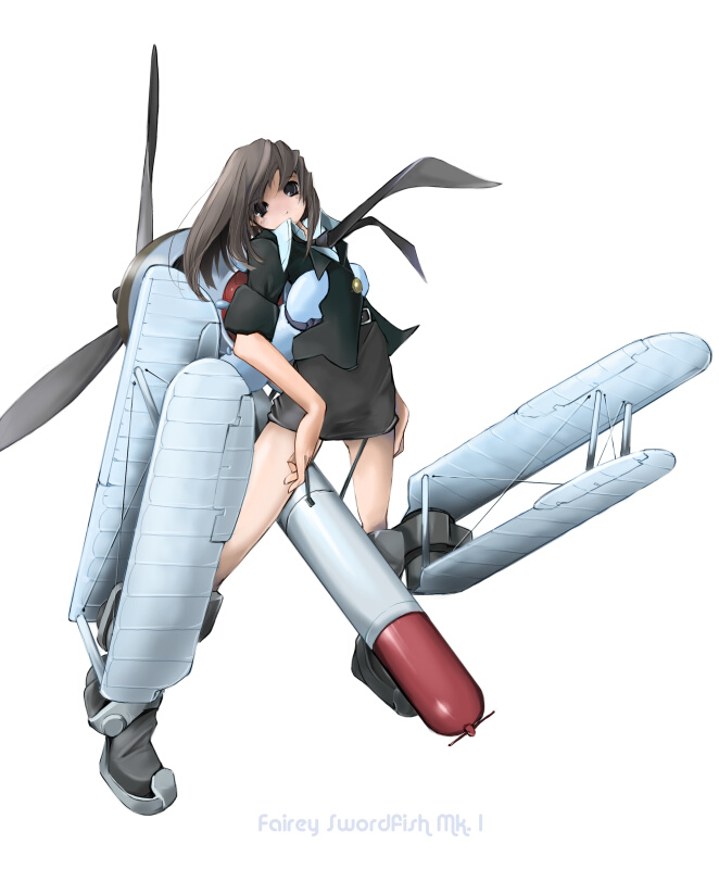 brown_hair long_hair mecha_musume military nano necktie original propeller simple_background solo swordfish_(airplane)_(personification) torpedo world_war_ii