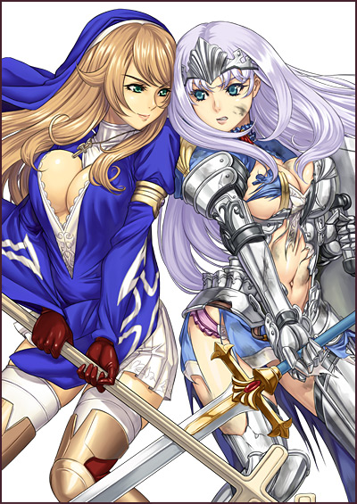 annelotte armlet armor blue_eyes breasts brown_hair cross duplicate eiwa green_eyes jewelry large_breasts long_hair multiple_girls necklace official_art purple_hair queen's_blade queen's_blade_rebellion sigui_(queen's_blade) sword tiara weapon