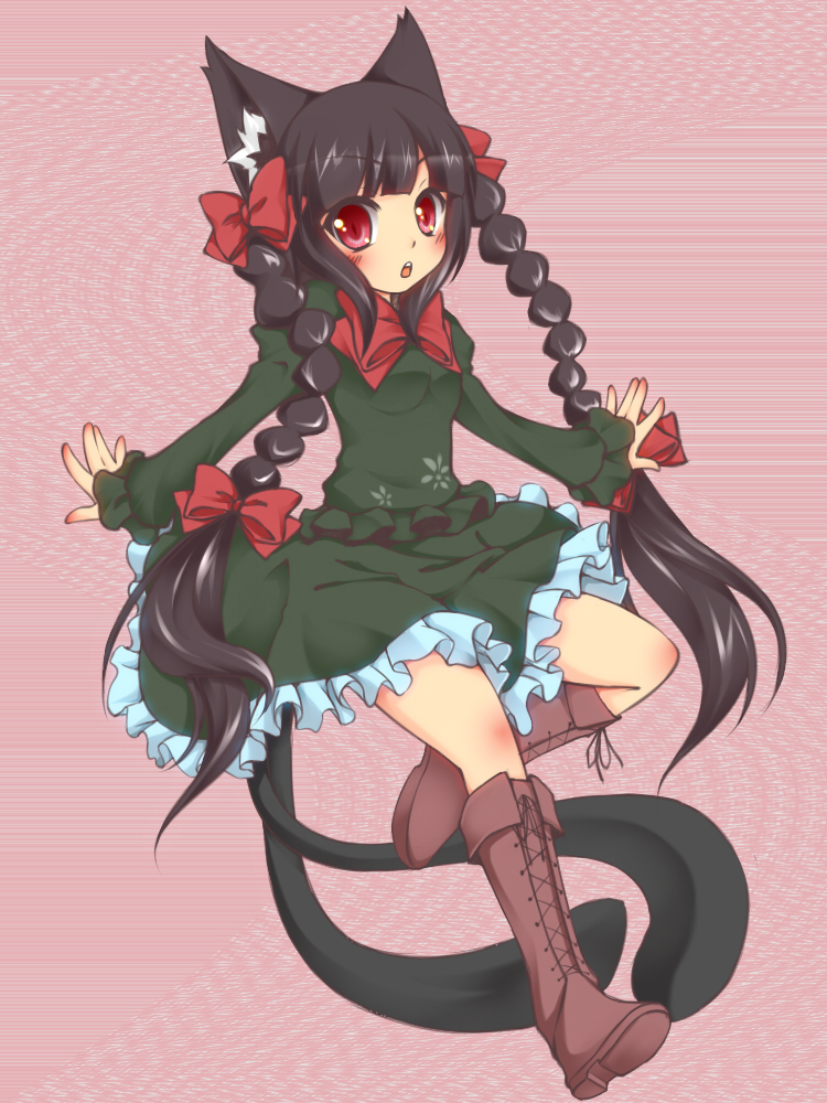 alternate_color alternate_hair_color animal_ears black_hair boots braid cat_ears cat_tail kaenbyou_rin momo_michi multiple_tails red_eyes solo tail touhou twin_braids twintails