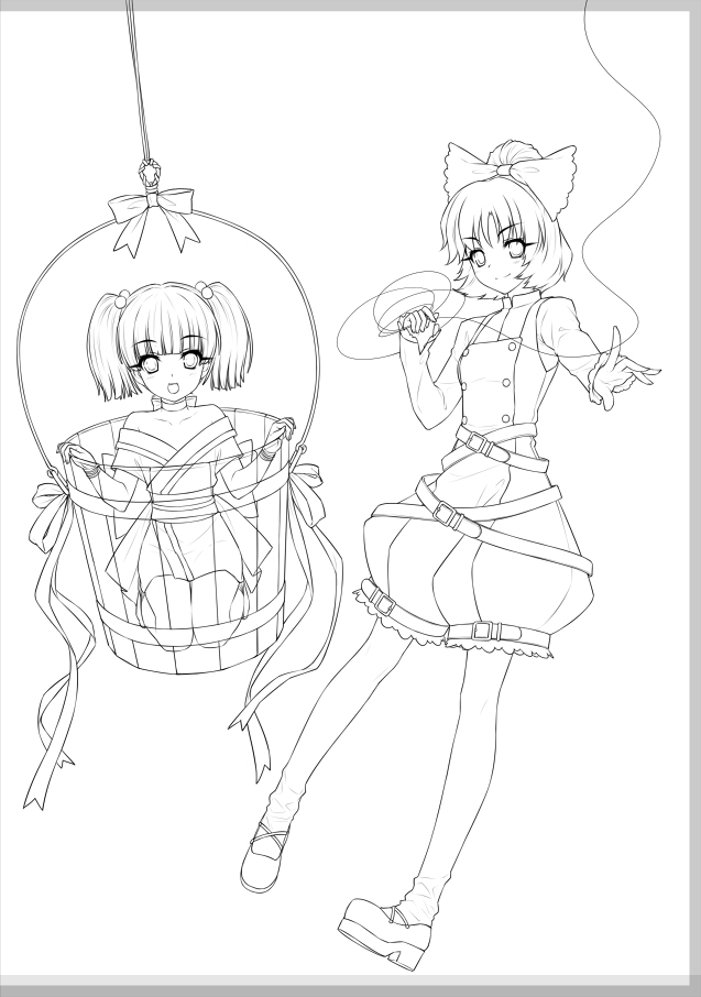 bare_shoulders belt bow bucket child greyscale hair_bobbles hair_bow hair_ornament in_bucket in_container japanese_clothes kisume kneeling kurodani_yamame lineart monochrome multiple_girls off_shoulder sayori see-through short_hair silk sketch spider_web touhou twintails