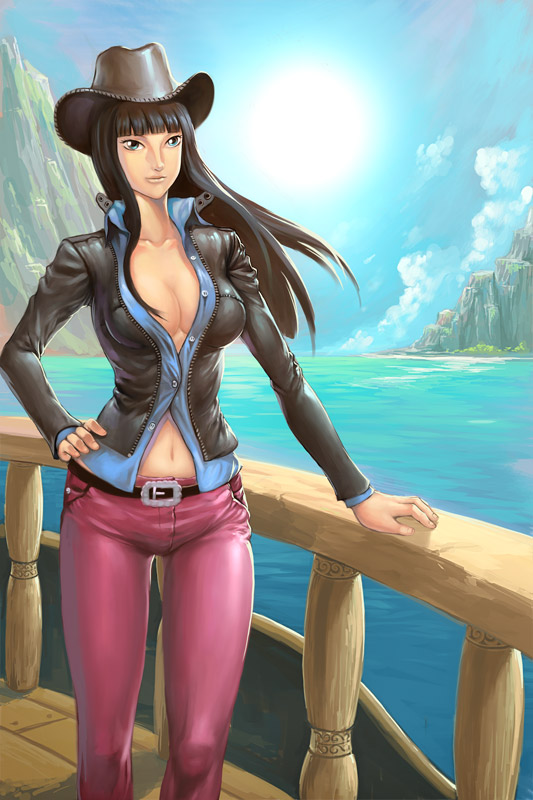 1girl belt black_hair blue_eyes breasts cleavage cloud cowboy_hat female hand_on_hip hat jacket legs long_hair midriff mountain navel nico_robin ocean one_piece outdoors pants pirate ship sky solo standing sun thighs water