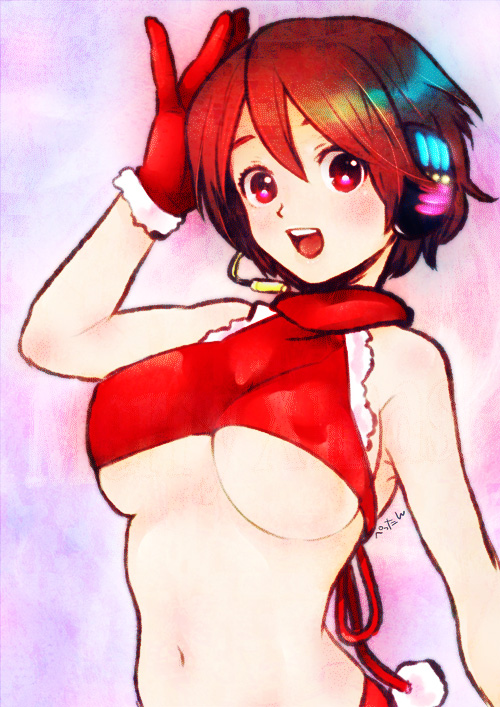 breasts brown_hair christmas crop_top gloves halter_top halterneck headphones headset large_breasts meiko midriff navel open_mouth pettan_(satm) red red_eyes red_gloves santa_costume scarf short_hair solo underboob vocaloid