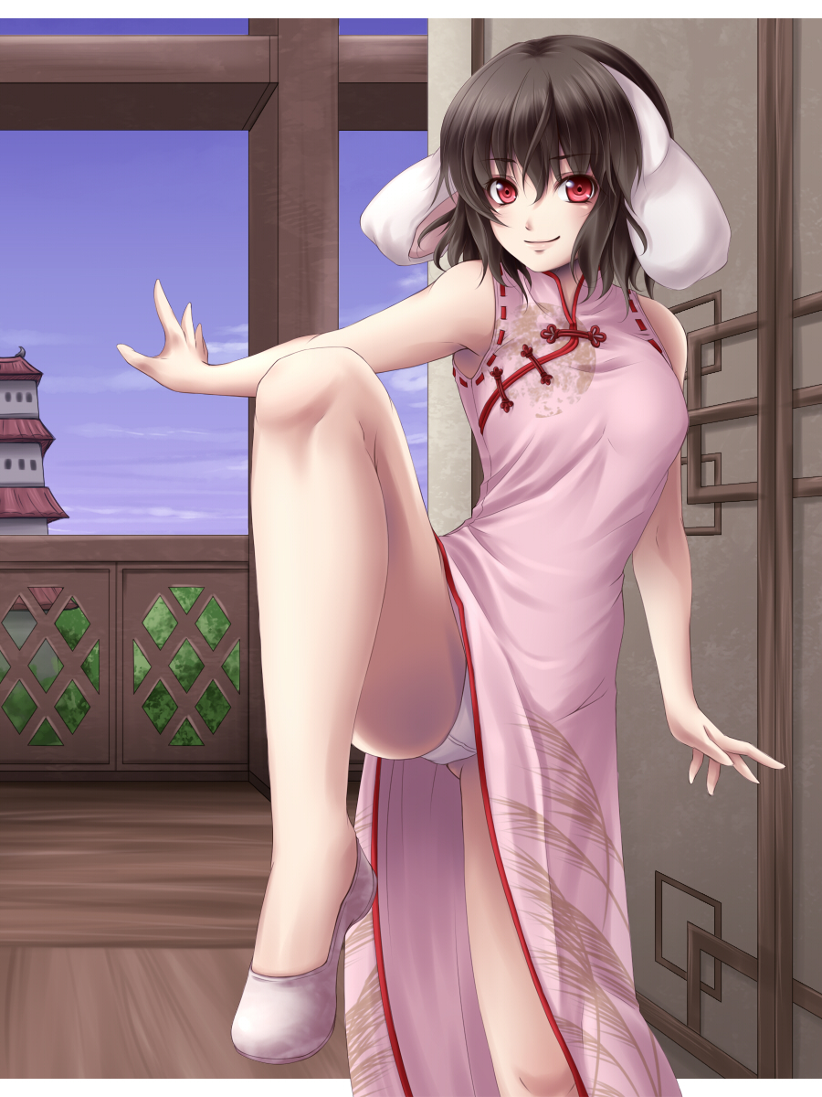 animal_ears bad_id bad_pixiv_id black_hair bunny_ears china_dress chinese_clothes dress fighting_stance highres inaba_tewi leg_up looking_at_viewer mochi.f no_socks older panties red_eyes short_hair side_slit smile solo teenage touhou underwear white_panties