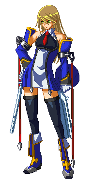 animated animated_gif arc_system_works beret blazblue blonde_hair gif gun hair_down hat lowres noel_vermillion official pixel_art thighhighs uniform weapon