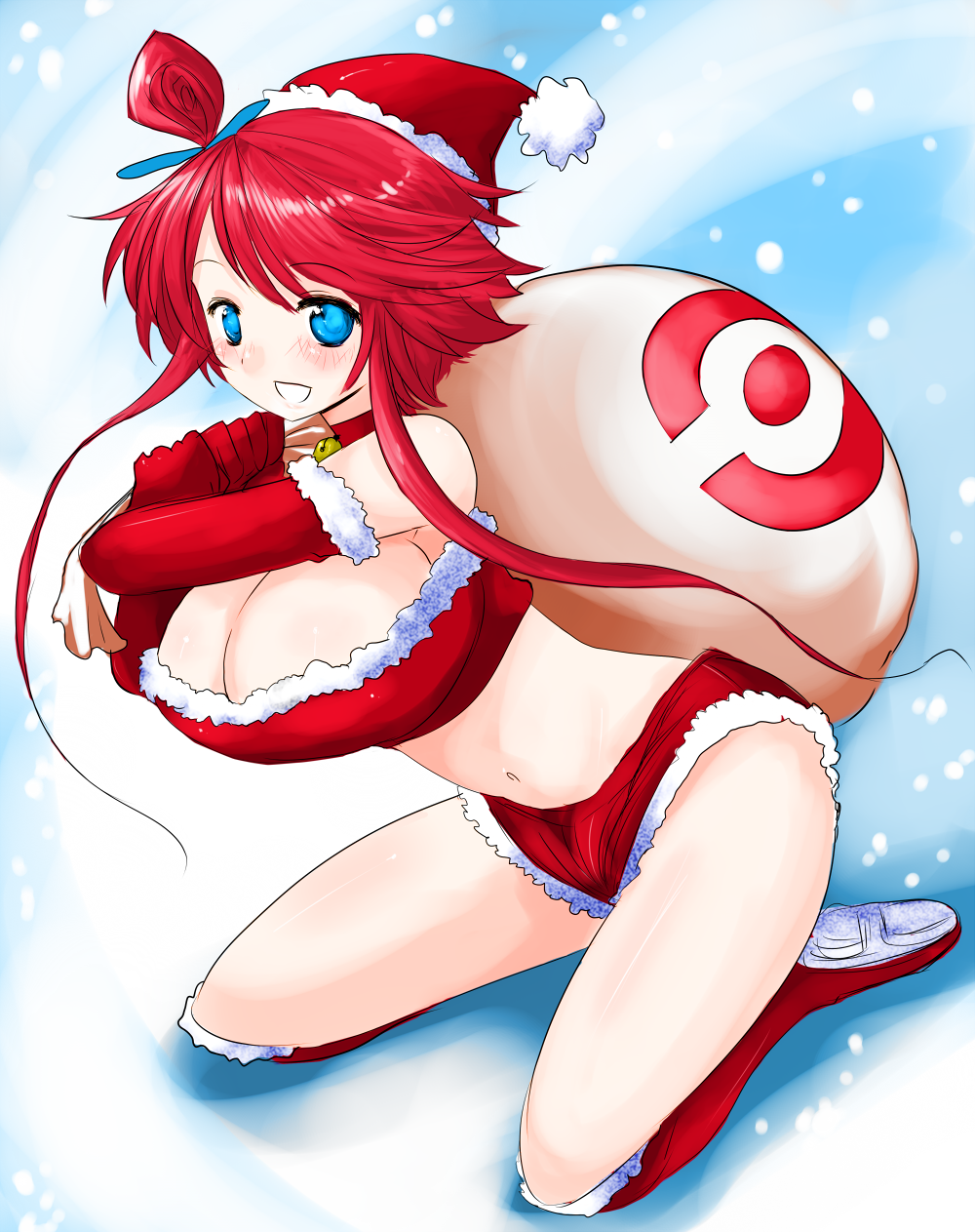 bag bent_over big_breasts blue_eyes blush boots breasts christmas cleavage fuuro_(pokemon) gloves gym_leader han64 han_(jackpot) hat highres huge_breasts kneeling large_breasts lingerie navel open_mouth pokemon pokemon_(game) pokemon_black_and_white pokemon_bw red_hair santa_costume santa_hat santa_outfit short_hair shorts side_ponytail smile underwear