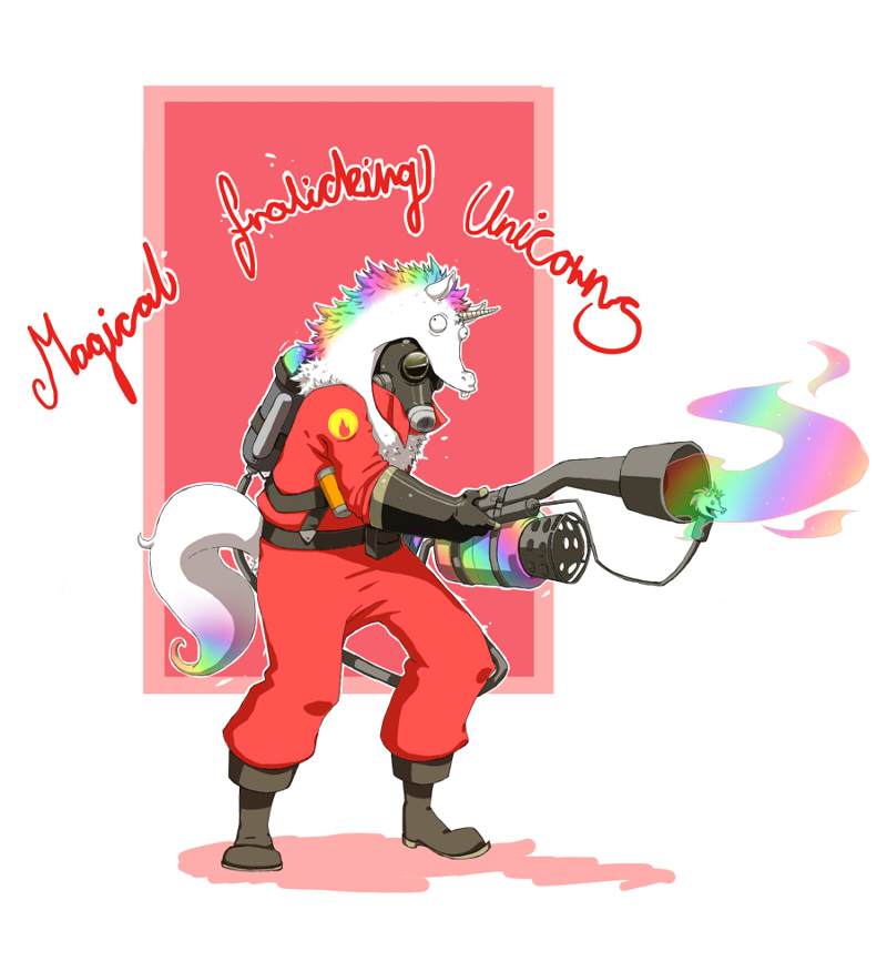 clothing costume english_text equine flamethrower horn human male mammal mask not_furry pyro_(team_fortress_2) rainbow rainbows ranged_weapon solo team_fortress_2 text unicorn weapon xcopycat