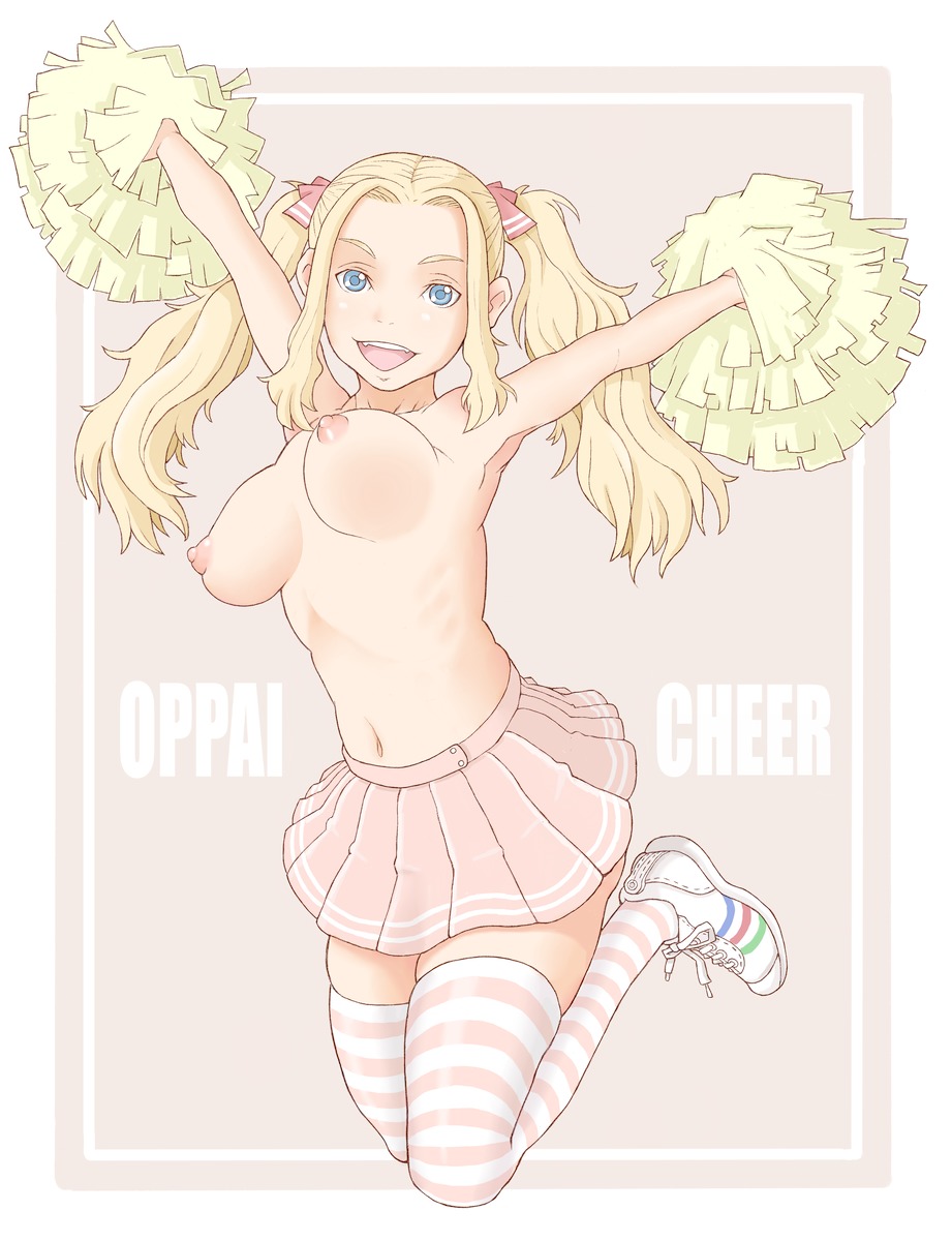 armpits arms_up blonde_hair blue_eyes bouncing_breasts breasts cheerleader fangs female forehead full_body hair_ribbon highres jumping long_hair looking_at_viewer miniskirt monobi navel nipples open_mouth pale_color pixiv3378 pom_poms ribbon ribs skirt solo striped striped_legwear striped_thighhighs thighhighs topless twintails