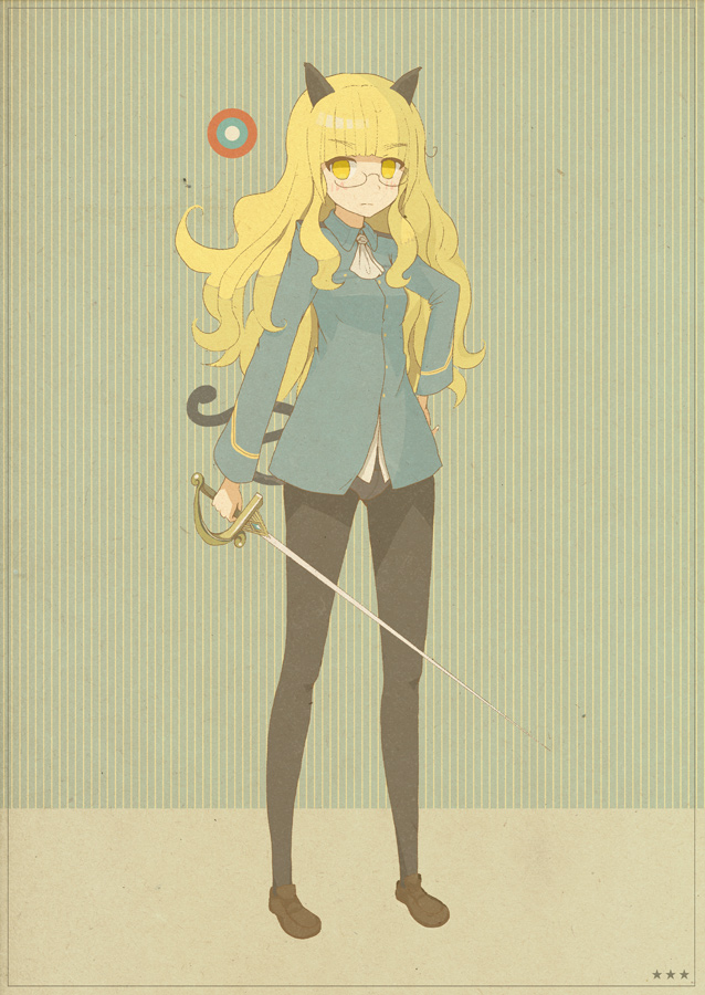 animal_ears bad_id bad_pixiv_id blonde_hair cat_ears crotch_seam glasses kamo_(shiraokamo) loafers long_hair military military_uniform panties panties_under_pantyhose pantyhose perrine_h_clostermann shoes solo strike_witches sword tail underwear uniform weapon world_witches_series yellow_eyes