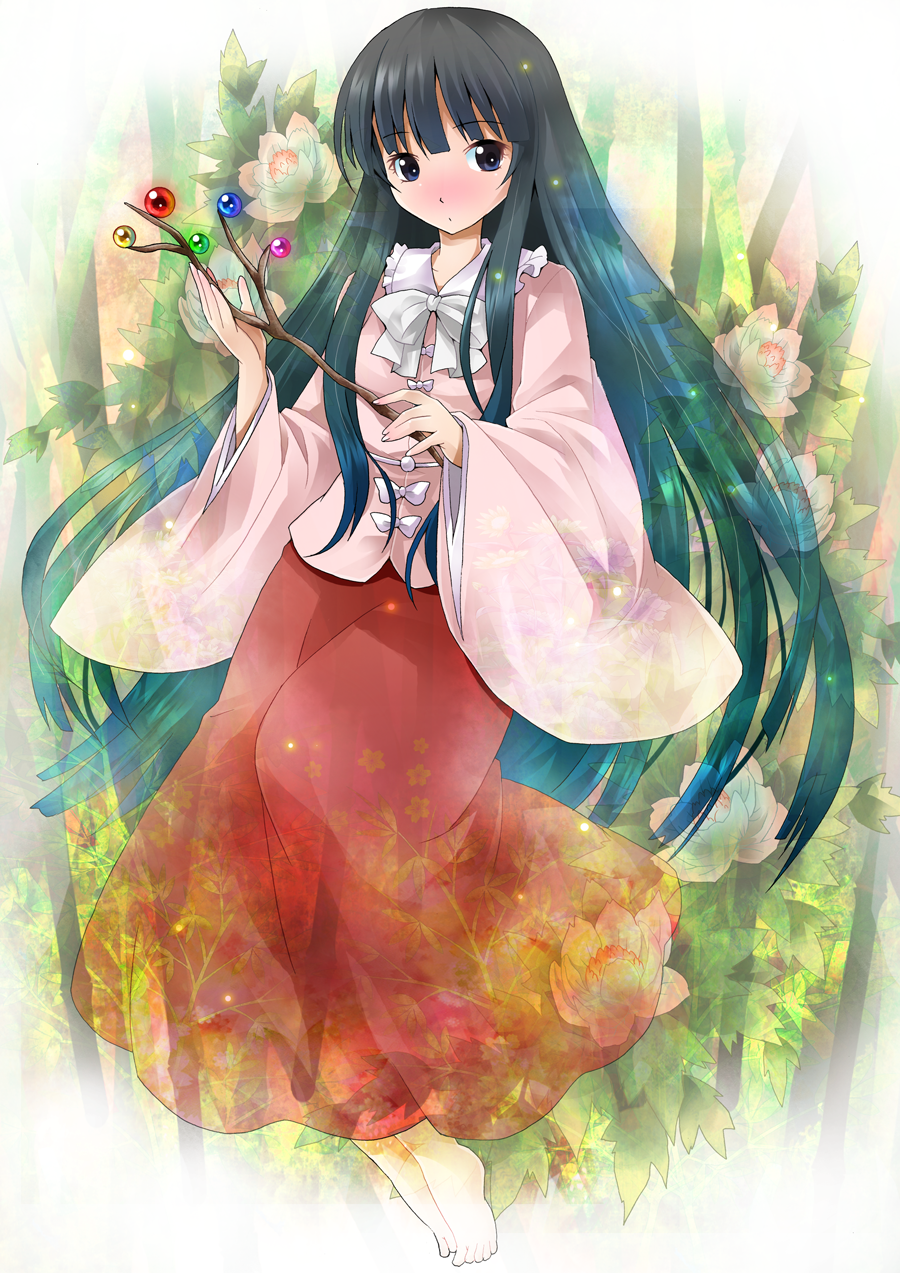 bad_id bad_pixiv_id bamboo bamboo_forest barefoot black_hair blue_eyes branch flower forest highres hime_cut houraisan_kaguya japanese_clothes jeweled_branch_of_hourai long_hair long_skirt long_sleeves michii_yuuki nature skirt solo touhou very_long_hair wide_sleeves