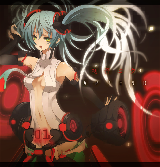 aqua_hair bad_id bad_pixiv_id bridal_gauntlets floating_hair green_eyes hatsune_miku hatsune_miku_(append) long_hair navel necktie open_mouth solo twintails vocaloid vocaloid_append yuuba