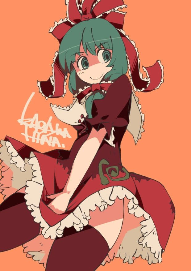 &gt;:) bow capelet covering covering_crotch frills front_ponytail green_eyes green_hair hair_bow kagiyama_hina koukou_(climacool) orange_background red_skirt ribbon ringed_eyes short_hair skirt skirt_tug smile solo thighhighs thighs touhou v-shaped_eyebrows