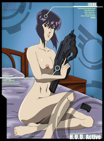 abs barefoot breasts cleavage feet ghost_in_the_shell ghost_in_the_shell_stand_alone_complex gun kusanagi_motoko nude purple_hair red_eyes sitting solo toes weapon