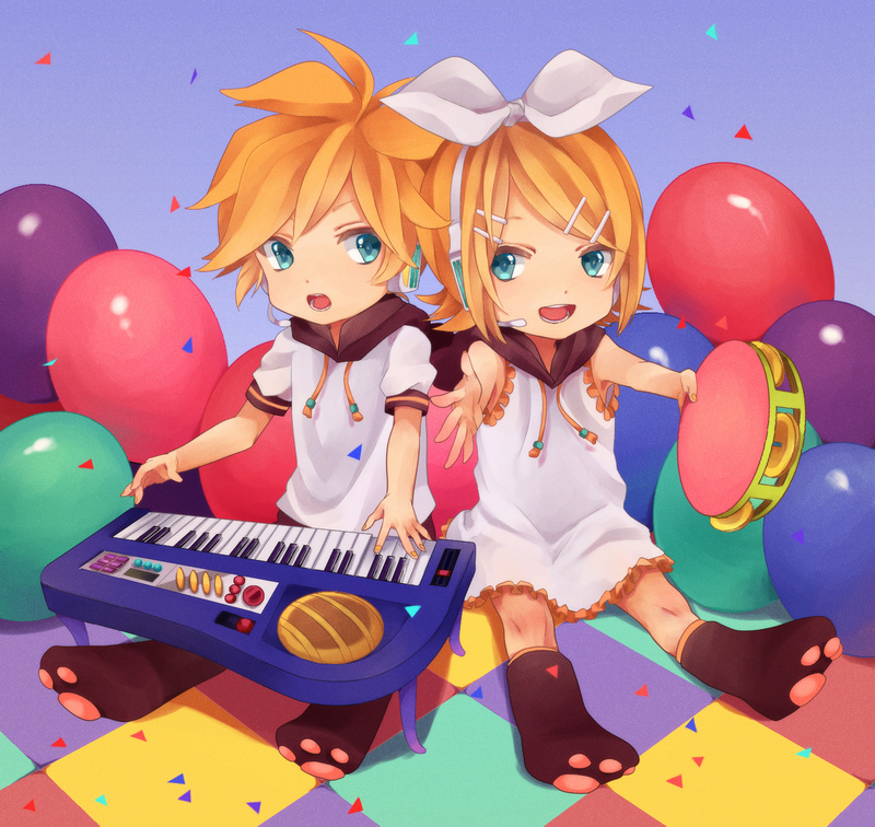 1girl akiyoshi_(tama-pete) bad_id bad_pixiv_id balloon brother_and_sister checkered checkered_floor child confetti headset instrument kagamine_len kagamine_rin paws piano siblings sitting tambourine twins vocaloid