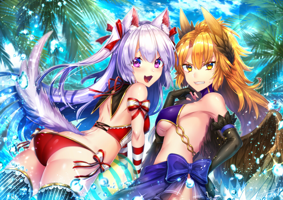 2girls :d animal_ears ass bikini black_gloves black_legwear blonde_hair blue_bow blue_skirt blue_sky bow brown_feathers brown_wings butt_crack choker day elbow_gloves feathered_wings feathers fingerless_gloves floating_hair fox_ears fox_tail gloves hair_feathers hair_ribbon kamuinii lens_flare long_hair looking_at_viewer looking_back multiple_girls neck_ribbon open_mouth original outdoors palm_tree purple_bikini_top purple_eyes red_bikini red_ribbon ribbon skirt sky smile sparkle striped striped_gloves striped_legwear swimsuit tail thighhighs tree vertical-striped_legwear vertical_stripes very_long_hair white_bow wings