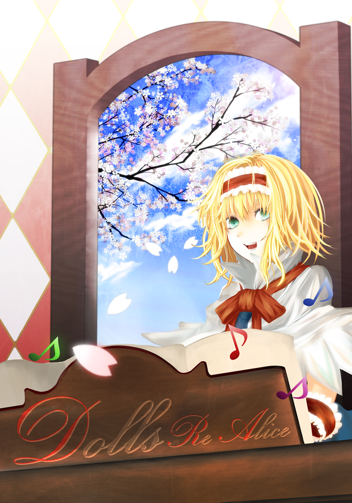 alice_margatroid bad_id bad_pixiv_id blonde_hair cherry_blossoms english green_hair hairband kazabosi musical_note open_mouth petals short_hair smile solo touhou window