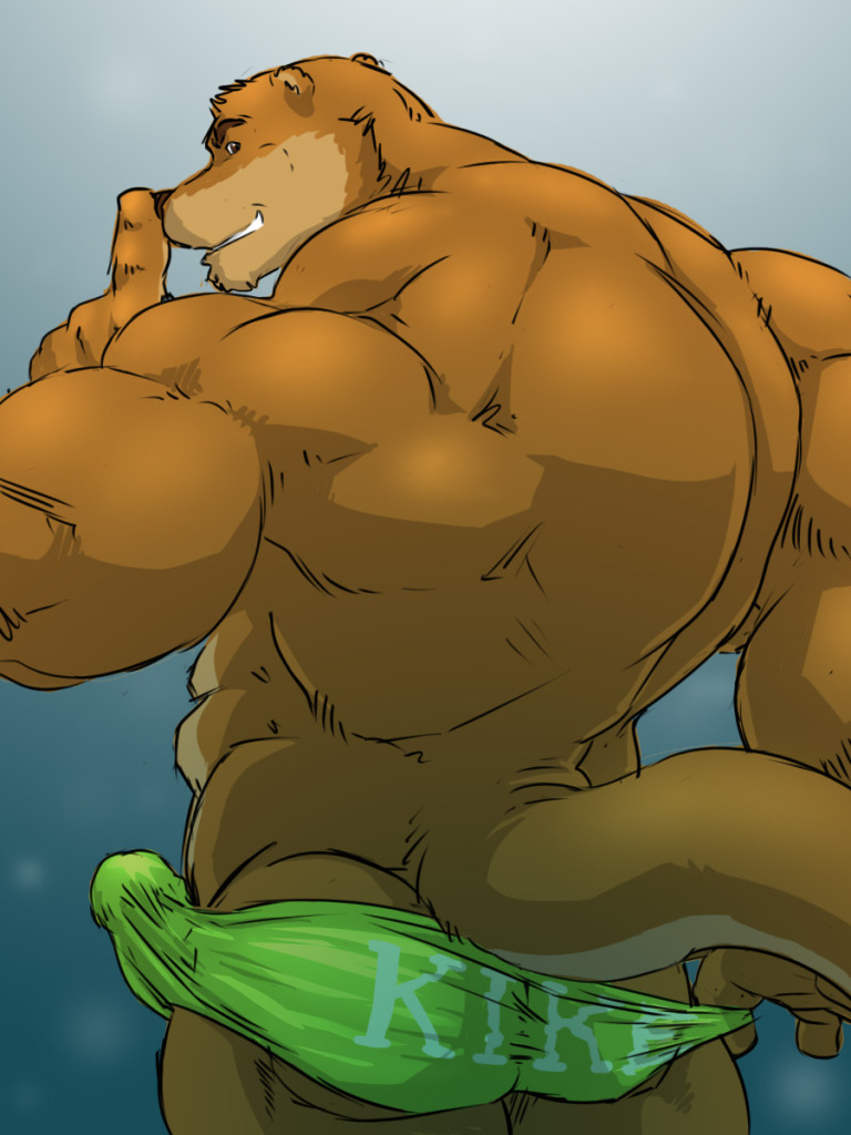 anthro biceps big_butt big_muscles big_penis brown_fur bulge butt clothed clothing erection fur grisser huge_muscles looking_at_viewer looking_back male mammal mexican mexico muscles mustelid otter penis plain_background pose shh skimpy solo spanish_text speedo stripper swimsuit tail text thong topless vpl