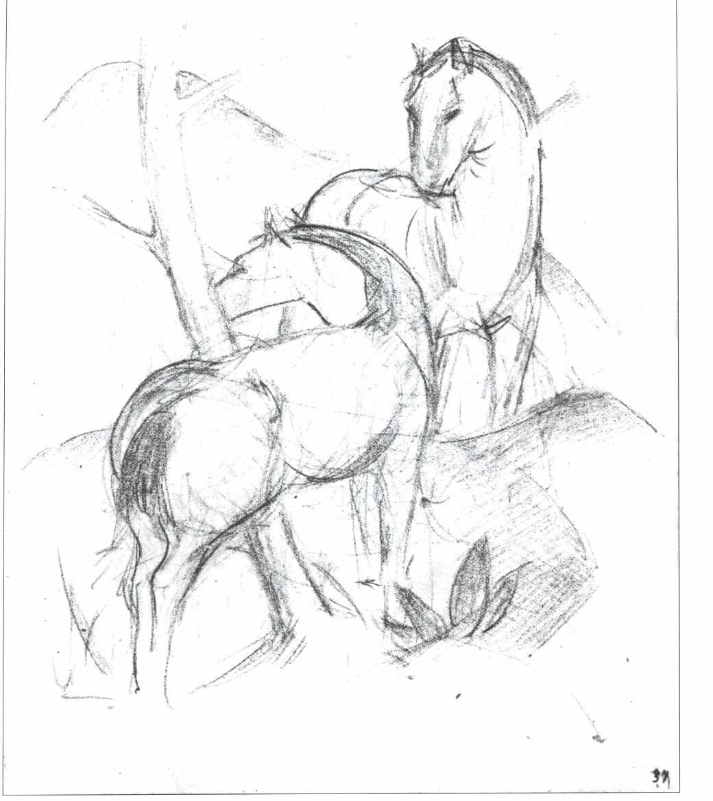 expressionism feral franz_marc greyscale horse mammal marc maybepenis monochrome mountain plain_background proper_art sketch tree white_background wood