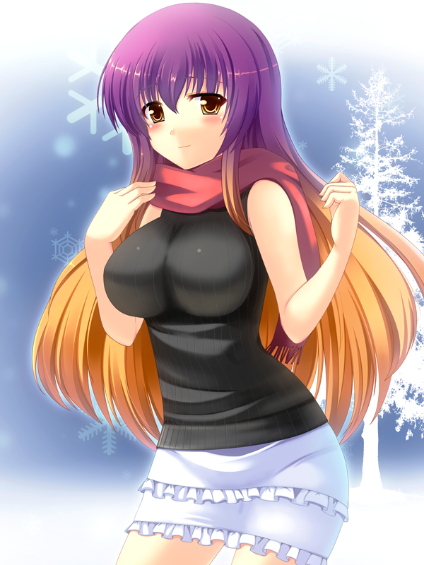 alternate_costume blonde_hair casual contemporary gradient_hair hijiri_byakuren impossible_clothes impossible_sweater koneko_(nonnkimono) long_hair multicolored_hair purple_hair ribbed_sweater scarf shirt smile solo sweater touhou two-tone_hair vest yellow_eyes