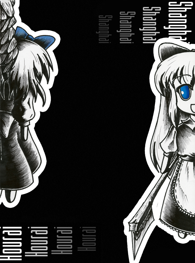 :d bad_deviantart_id bad_id blackmorass blue_eyes bow doll hair_bow hourai_doll monochrome multiple_girls open_mouth shanghai_doll smile spot_color touhou traditional_media weapon