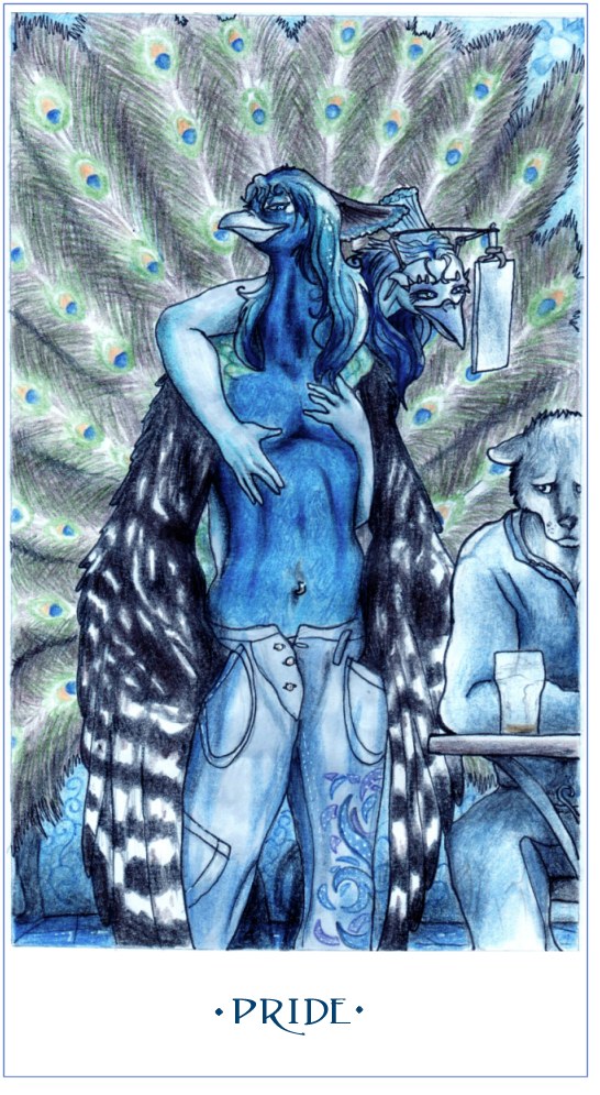 blue blue_eyes blue_fur blue_hair canine clothed clothing elia_morettini feathers fur glass hair half-dressed male mammal mirror navel_piercing pants_undone peacock piercing possessed pride seven_deadly_sins table tailfeathers topless