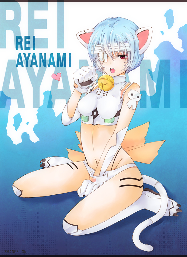 animal_ears ayanami_rei bad_id bad_pixiv_id bandages bell blue_hair cat_ears cat_tail heart kemonomimi_mode midriff navel neon_genesis_evangelion open_mouth ragu short_hair solo tail
