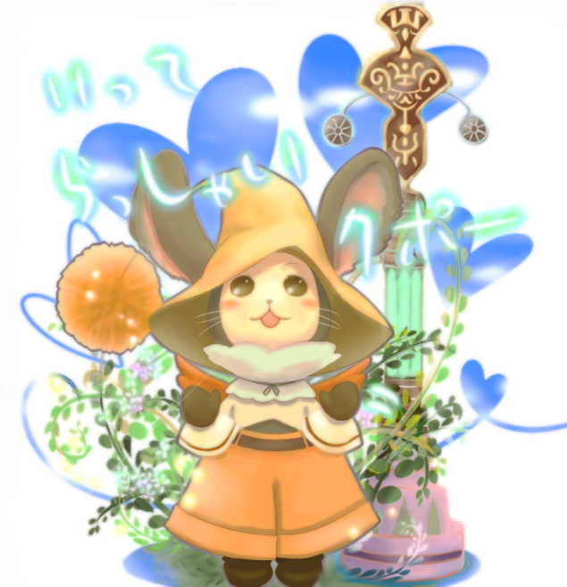 bad_id bad_pixiv_id blush bunny_ears creature dress final_fantasy final_fantasy_xii hat long_sleeves moogle no_humans open_mouth orange_dress plant solo standing vines witch_hat yukisen