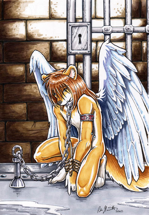 arm_band black_nose blue_eyes brown_hair canine captive chained digitigrade dingo dog hair long_hair male mammal nude peta_hewitt prison solo wings