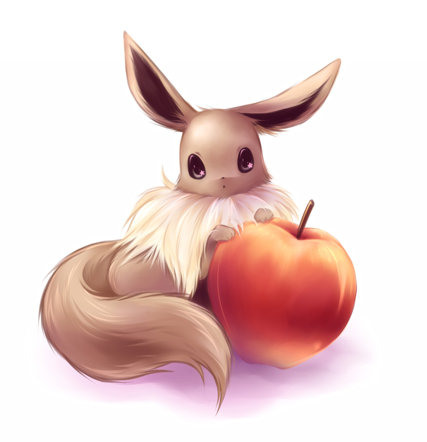 eevee food fruit gen_1_pokemon looking_at_viewer no_humans pokemon pokemon_(creature) sagami_rin simple_background solo white_background