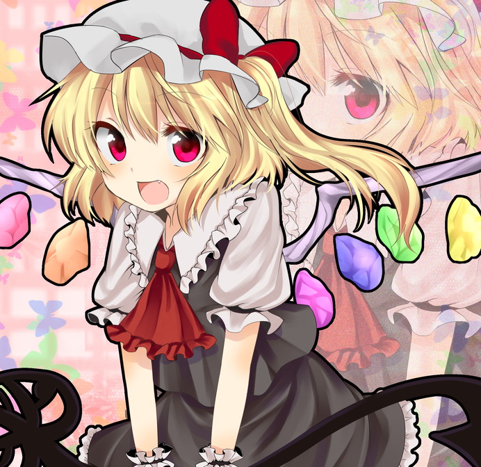 alternate_color asa_(coco) ascot bad_id bad_pixiv_id bug butterfly fang flandre_scarlet hat insect laevatein open_mouth purple_eyes smile solo touhou wings zoom_layer