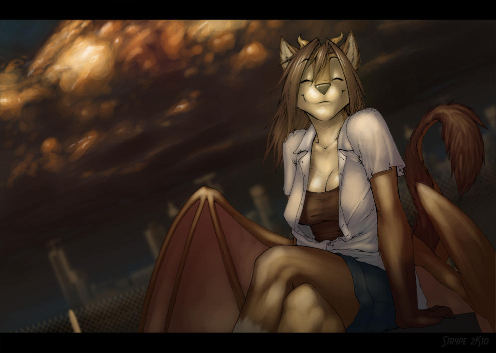 black_nose brown_hair cleavage clothed clothing cloud clouds countershading cute dragon_wings eyes_closed female fence fur hair horn horns long_hair shirt sitting smile solo straight_hair strype tail_tuft tuft tufted_tail