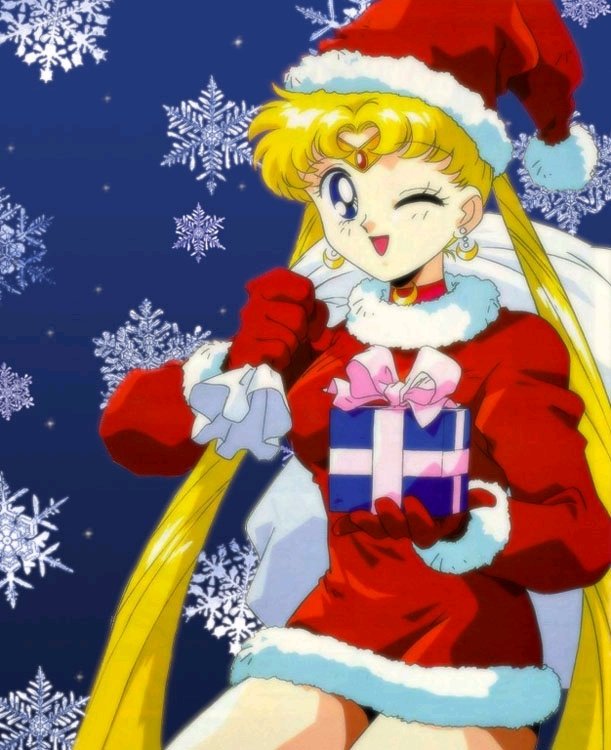 bishoujo_senshi_sailor_moon blonde_hair blue_eyes gift gloves hat legs present santa_costume santa_hat tsukino_usagi wink