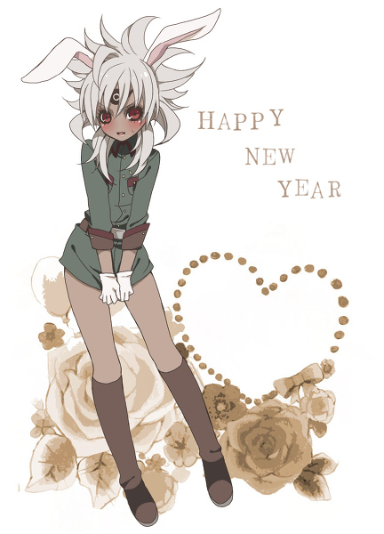 animal_ears baddap_sleed blush bunny_ears bunny_tail dark_skin english flat_color gloves heart inazuma_eleven inazuma_eleven_(series) male male_focus new_year open_mouth pixiv_thumbnail red_eyes resized short_hair solo tail uniform white_background white_hair xxmlkxx