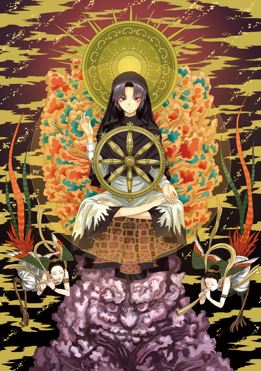 buddha buddhism cloud crossed_legs highres hood kalavinka kumoi_ichirin lotus_position mudra nun parody purple_eyes purple_hair short_hair sitting solo sunburst touhou tsurui unzan vitarka_mudra wheel wheel_of_dharma wings