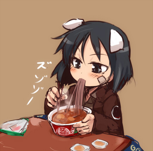 animal_ears bandaid bandaid_on_face black_eyes black_hair brave_witches chopsticks cup_ramen eating food kanno_naoe kotatsu noodles null_(nyanpyoun) short_hair soba solo table world_witches_series