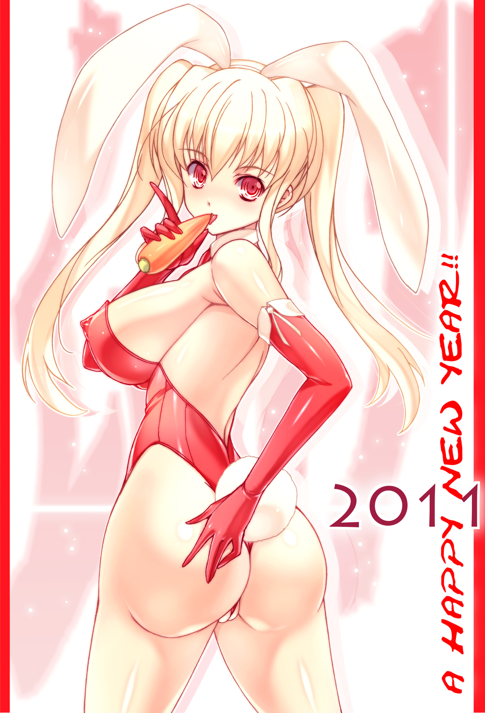 2011 animal_ears ass bare_legs blonde_hair breasts bunny_ears bunny_tail bunnysuit carrot chinese_zodiac covered_nipples happy_new_year highres huge_breasts impossible_clothes ishida_hiroyuki long_hair looking_back new_year one-piece_thong original panties partially_visible_vulva red_eyes solo tail twintails underwear wedgie year_of_the_rabbit