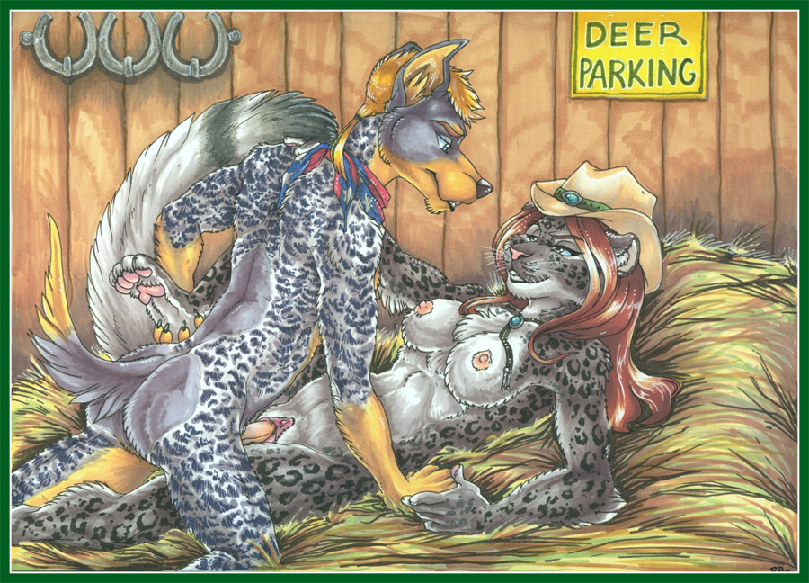 2010 bandanna barn big_breasts blonde_hair blue_eyes breasts brown_hair canine claws clitoris countershading couple cowboy_hat feline female grin hair hat hay long_brown_hair long_hair looking_at_each_other male missionary_position nipples nude on_back pawpads penetration penis pussy raised_leg sex short_blonde_hair short_hair smile snow_leopard spots straight teeth vaginal vaginal_penetration wielder wolf