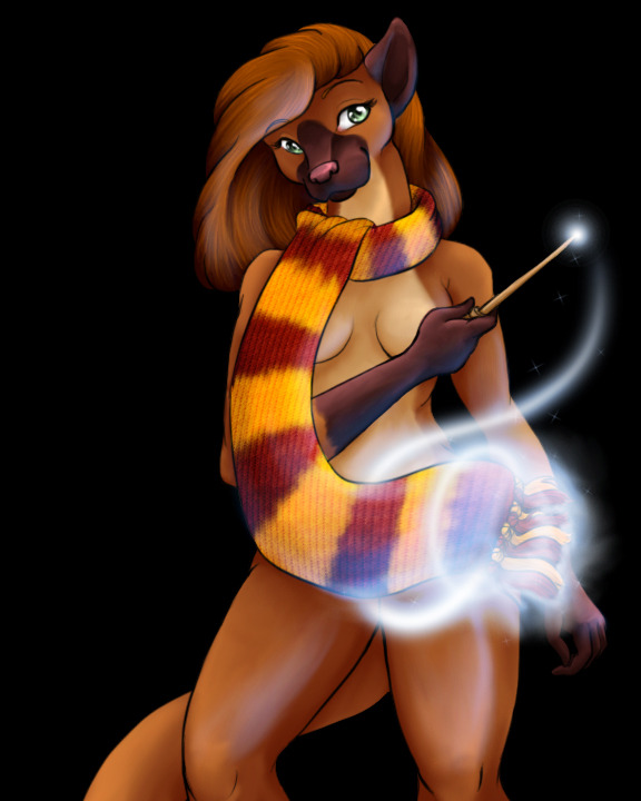 black_background breasts brown brown_hair clemikou clemikou_(character) cosplay countershading female green_eyes hair harry_potter hermione_granger kinkajou long_hair long_tail magic nude scarf solo standing tail wand witch