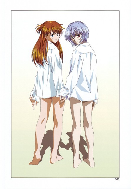 2girls ayanami_rei barefoot bottomless feet from_behind hand_holding kawarajima_kou multiple_girls neon_genesis_evangelion official_art oversized_shirt shirt soryu_asuka_langley souryuu_asuka_langley