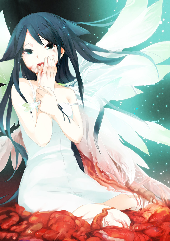 bad_id bad_pixiv_id bare_shoulders blood dress flat_chest food green_eyes green_hair guro long_hair meat mocke_(hanage) ribbon saya saya_no_uta solo sundress very_long_hair wings