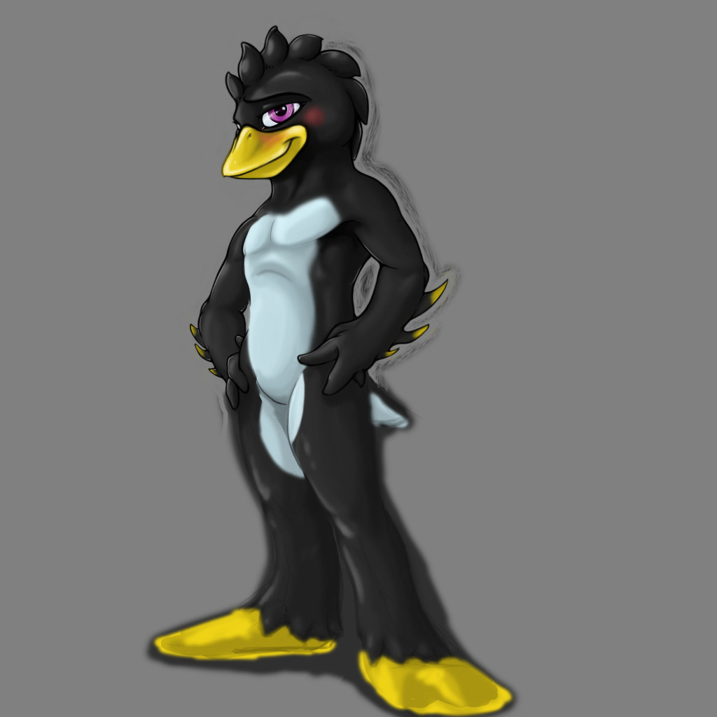 beak bird black black_feathers blurry blush breck cute grey_background hands_on_hips looking_at_viewer male nude penguin plain_background shadow smile solo standing unknown_artist white white_feathers yellow