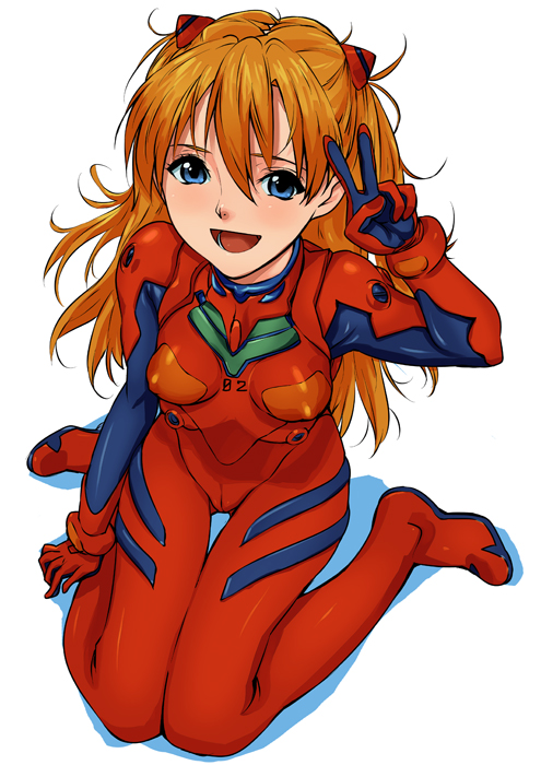 :d arm_at_side armpits ass_visible_through_thighs baba_arumi bad_id bad_pixiv_id bangs blue_eyes blush bodysuit bracer breasts cameltoe covered_nipples from_above gloves hair_between_eyes hand_up happy headgear long_hair looking_at_viewer neon_genesis_evangelion number open_mouth orange_hair parted_bangs pilot_suit plugsuit red_bodysuit shadow simple_background sitting skin_tight small_breasts smile solo souryuu_asuka_langley straight_hair thigh_gap turtleneck v wariza white_background