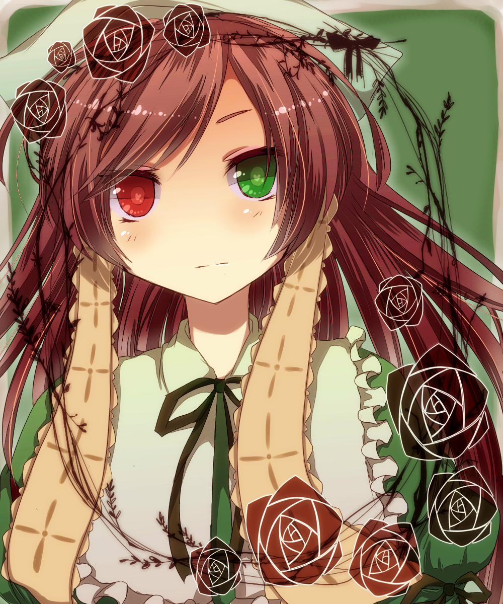 :| bad_id bad_pixiv_id bow brown_hair brown_rose closed_mouth dress face flower frills green_eyes hairband heart heterochromia highres kuromugi long_hair red_eyes rose rozen_maiden solo suiseiseki symbol-shaped_pupils
