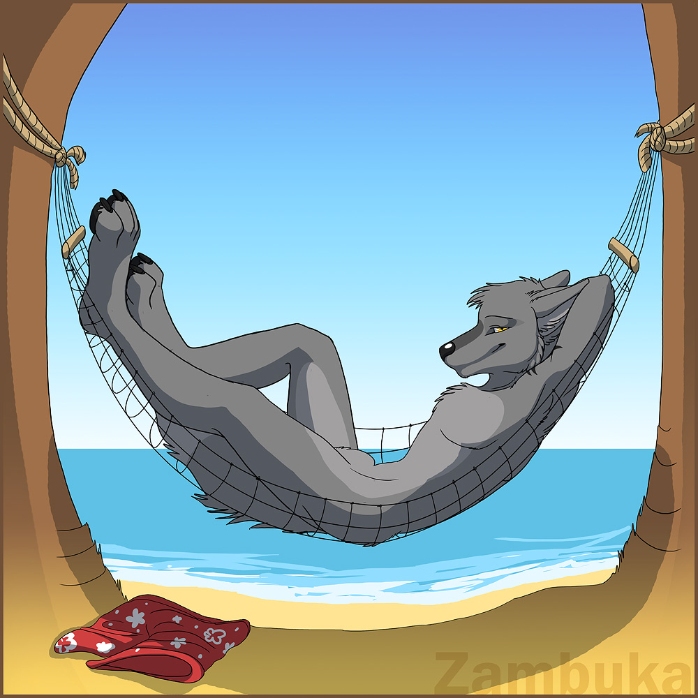 anthro beach black_nose canine hammock lying male mammal nude on_back outside seaside sheath shore smile solo tree water wolf yellow_eyes zambuka