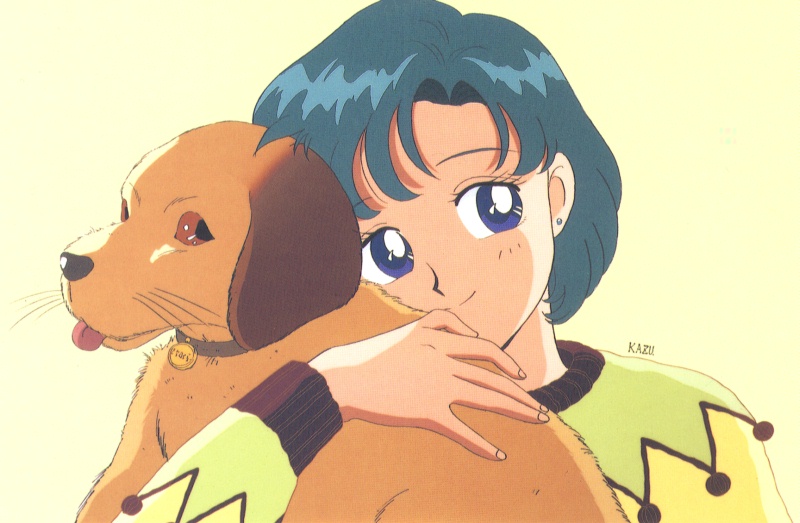 :p bangs bishoujo_senshi_sailor_moon blue_eyes blue_hair blush brown_eyes collar cute dog earrings head_tilt holding hug hug_from_behind jewelry kazu. mizuno_ami official_art parted_bangs puppy sailor_mercury short_hair shy simple_background smile sweater tongue whiskers yellow_background