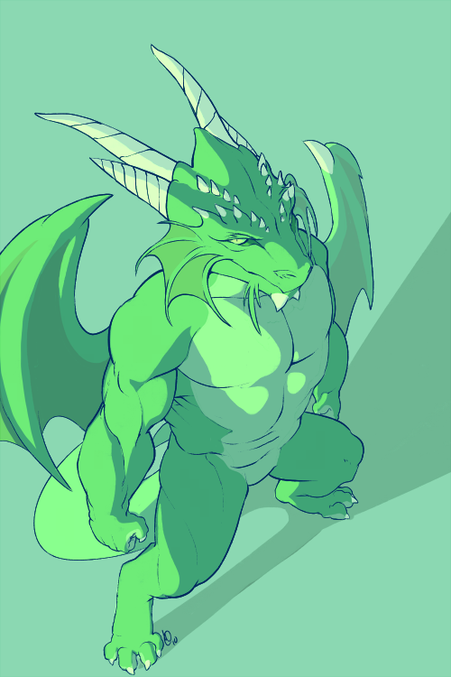 2010 claws dragon green horns looking_at_viewer male muscles patto pose solo wings