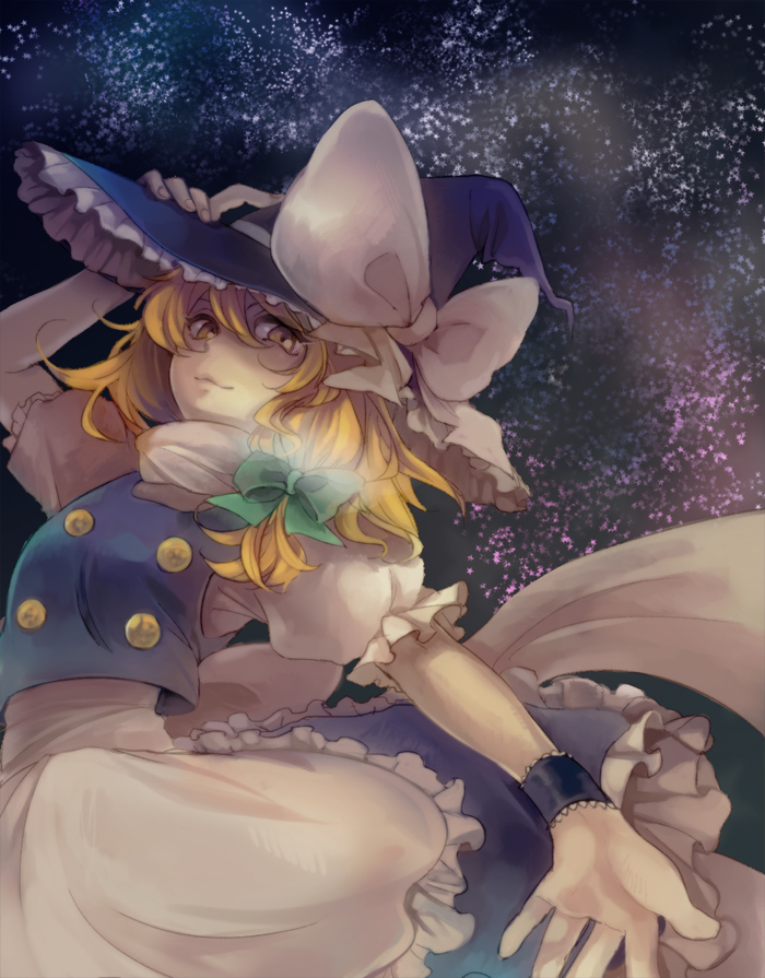 bad_id bad_pixiv_id blonde_hair braid hand_on_headwear hand_up hat kirisame_marisa light_smile outstretched_arm outstretched_hand short_hair sinzikun_mae sky solo star_(sky) starry_sky touhou witch_hat yellow_eyes