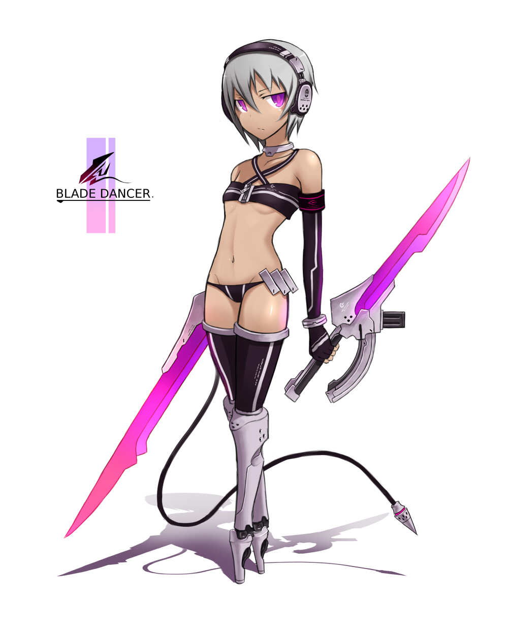 dual_wielding flat_chest gia gloves grey_hair headphones highres holding mecha_musume midriff navel original purple_eyes revealing_clothes short_hair solo sword thighhighs weapon